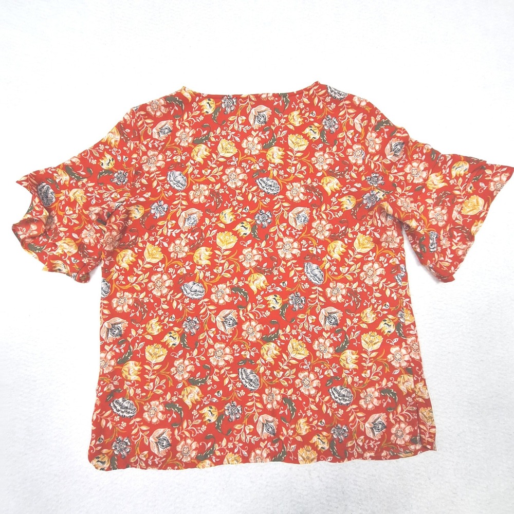 LOFT Blouse Womens‎ Medium Orange Floral Flutter Sleeve V-Neck Casual Top - Picture 2 of 5